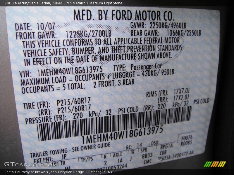 Silver Birch Metallic / Medium Light Stone 2008 Mercury Sable Sedan