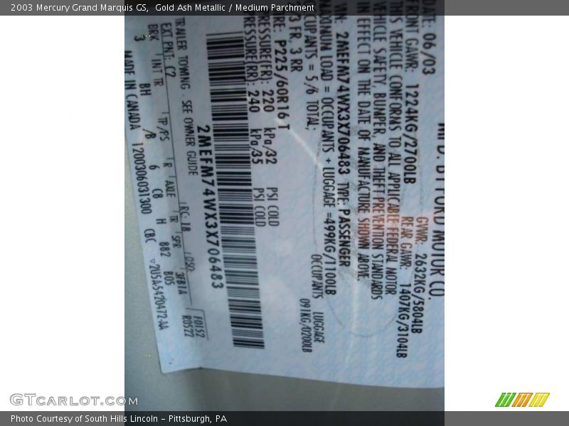 Gold Ash Metallic / Medium Parchment 2003 Mercury Grand Marquis GS