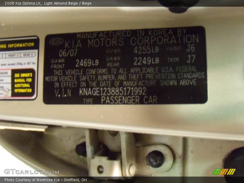 Light Almond Beige / Beige 2008 Kia Optima LX