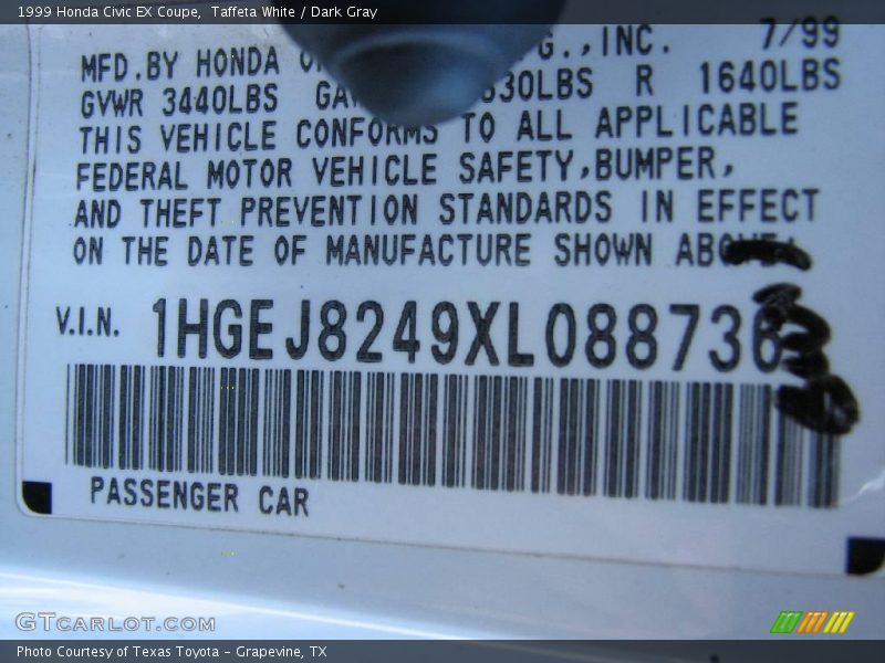 Taffeta White / Dark Gray 1999 Honda Civic EX Coupe
