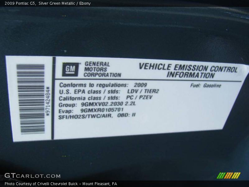 Silver Green Metallic / Ebony 2009 Pontiac G5