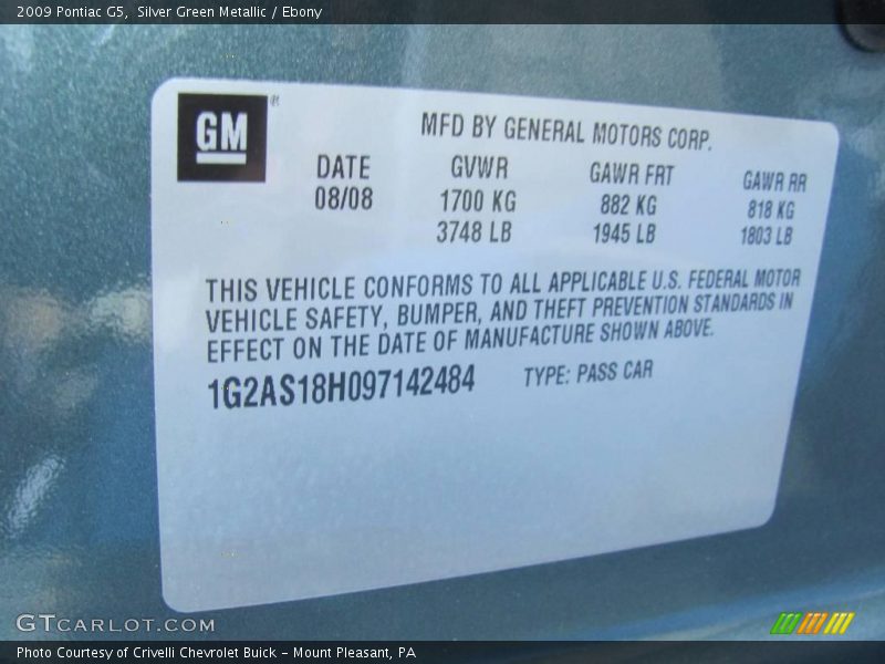Silver Green Metallic / Ebony 2009 Pontiac G5