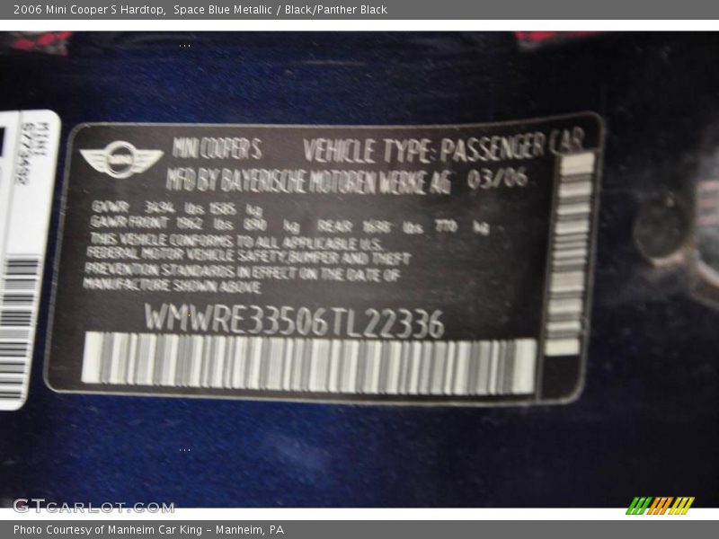 Space Blue Metallic / Black/Panther Black 2006 Mini Cooper S Hardtop