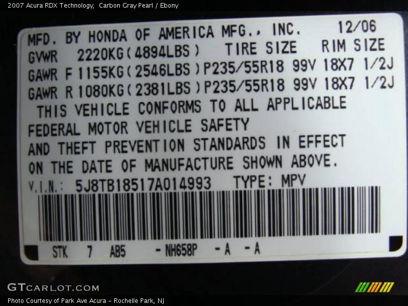 Carbon Gray Pearl / Ebony 2007 Acura RDX Technology