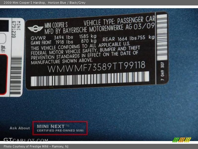 Horizon Blue / Black/Grey 2009 Mini Cooper S Hardtop