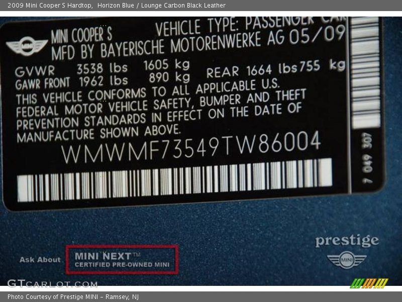 Horizon Blue / Lounge Carbon Black Leather 2009 Mini Cooper S Hardtop