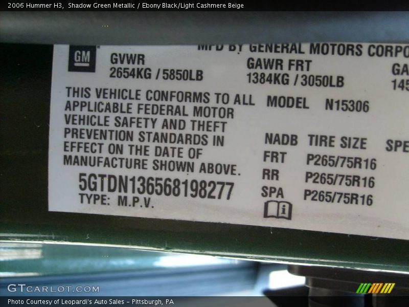 Shadow Green Metallic / Ebony Black/Light Cashmere Beige 2006 Hummer H3