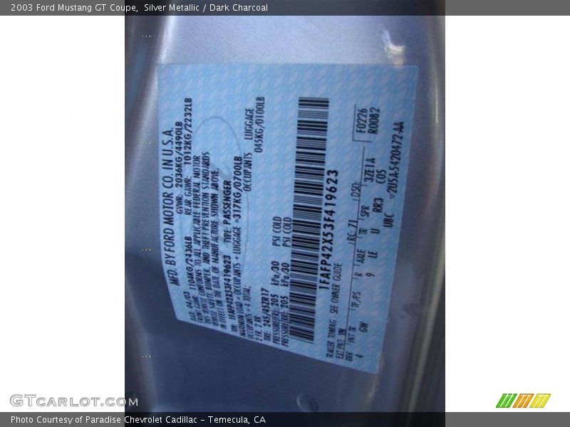 Silver Metallic / Dark Charcoal 2003 Ford Mustang GT Coupe