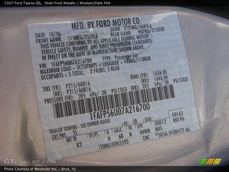 Silver Frost Metallic / Medium/Dark Flint 2007 Ford Taurus SEL