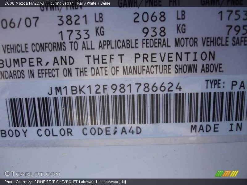 Rally White / Beige 2008 Mazda MAZDA3 i Touring Sedan