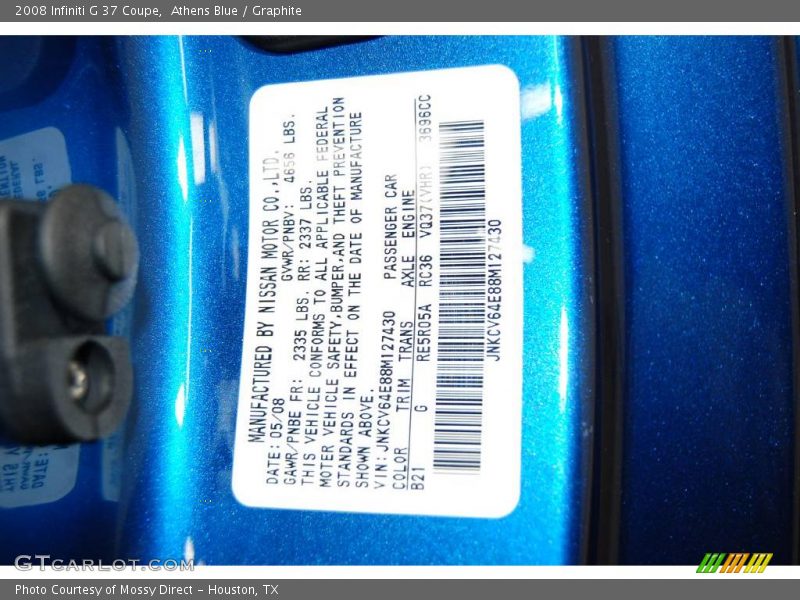 2008 G 37 Coupe Athens Blue Color Code B21