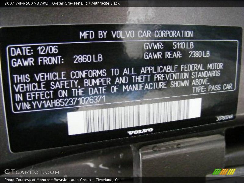 Oyster Gray Metallic / Anthracite Black 2007 Volvo S80 V8 AWD