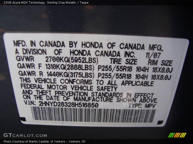 Sterling Gray Metallic / Taupe 2008 Acura MDX Technology