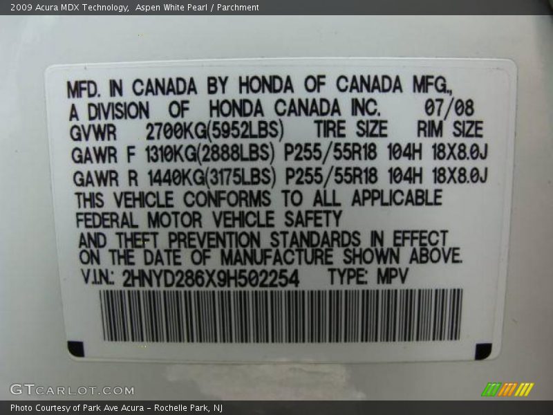 Aspen White Pearl / Parchment 2009 Acura MDX Technology