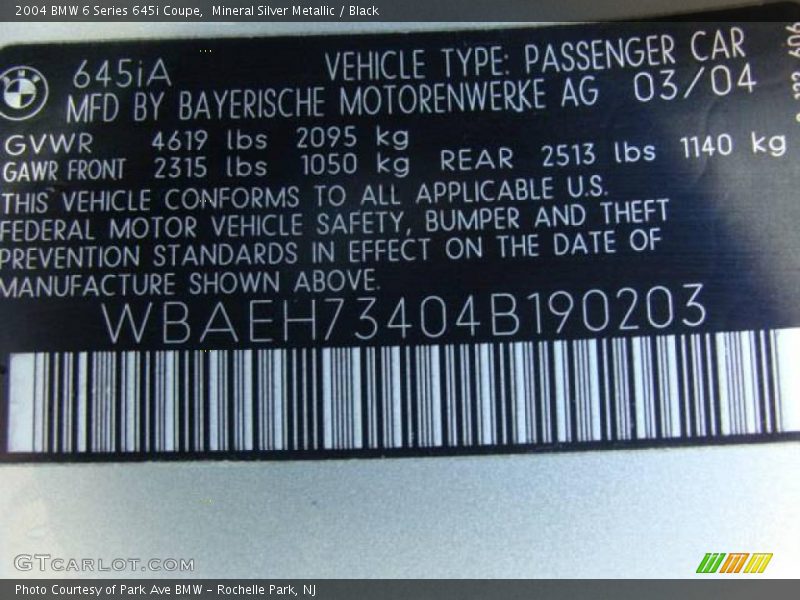 Mineral Silver Metallic / Black 2004 BMW 6 Series 645i Coupe