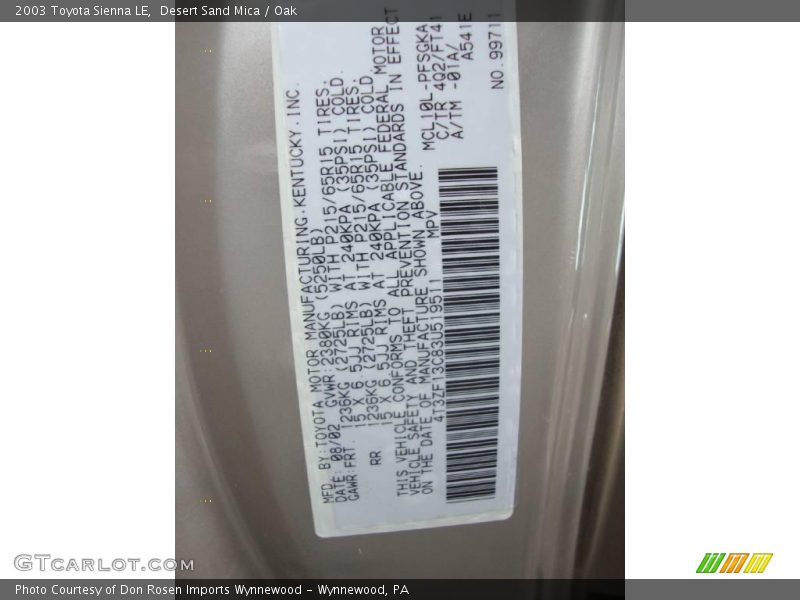 Desert Sand Mica / Oak 2003 Toyota Sienna LE