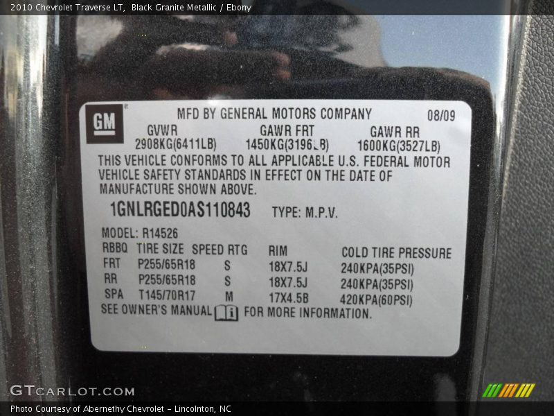 Black Granite Metallic / Ebony 2010 Chevrolet Traverse LT