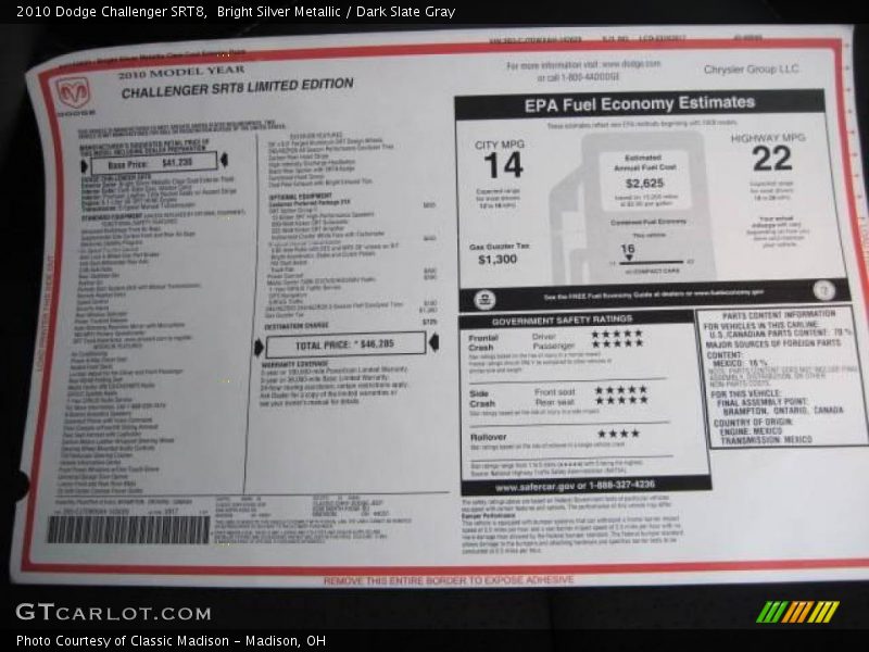 Bright Silver Metallic / Dark Slate Gray 2010 Dodge Challenger SRT8