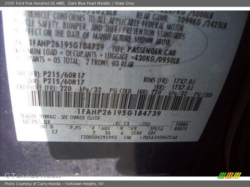 Dark Blue Pearl Metallic / Shale Grey 2005 Ford Five Hundred SE AWD