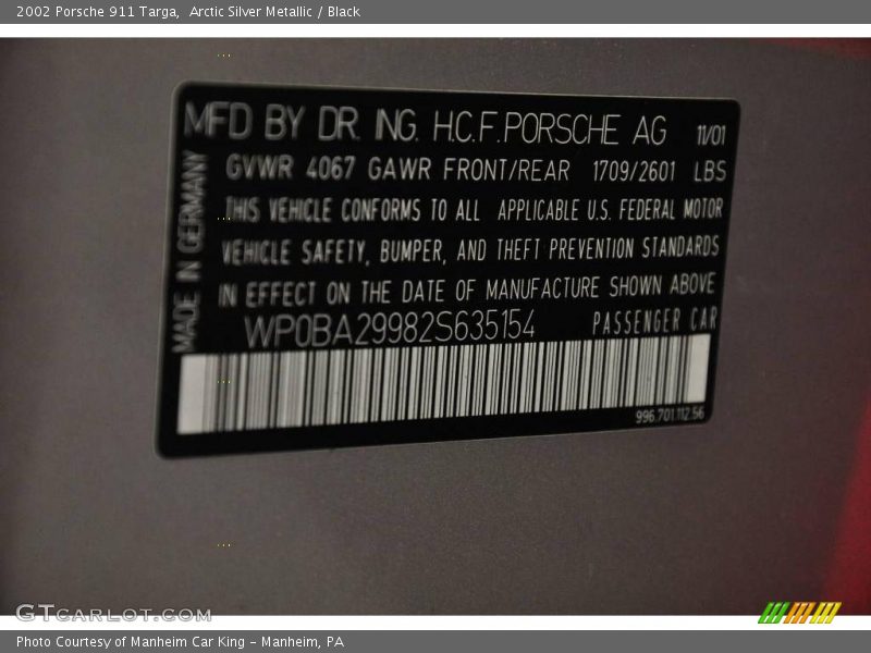Arctic Silver Metallic / Black 2002 Porsche 911 Targa