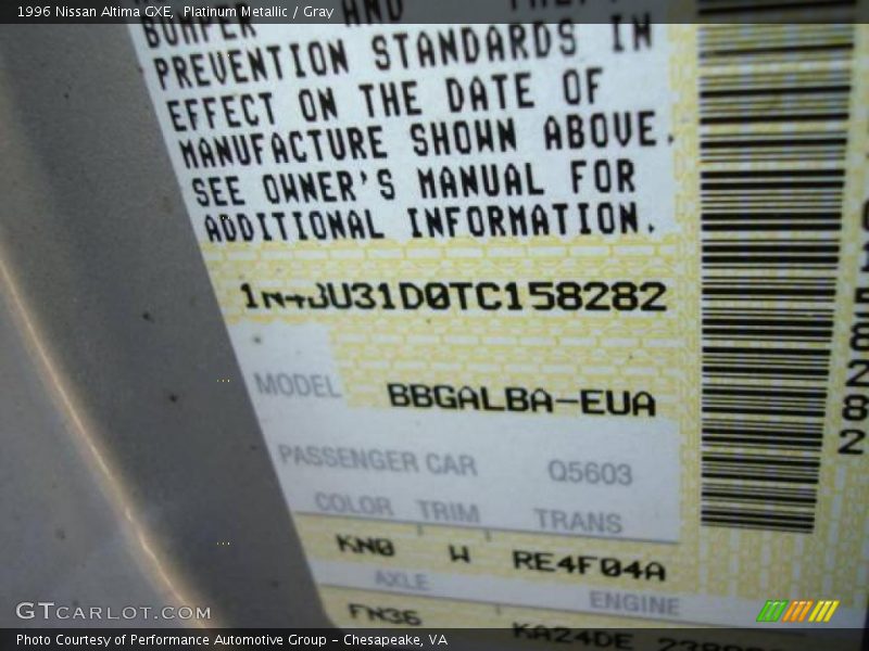 Platinum Metallic / Gray 1996 Nissan Altima GXE