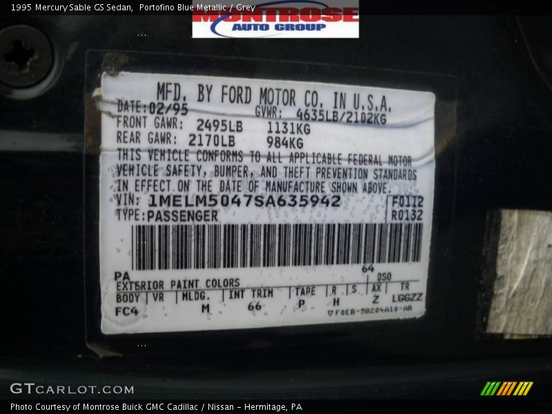 Portofino Blue Metallic / Grey 1995 Mercury Sable GS Sedan