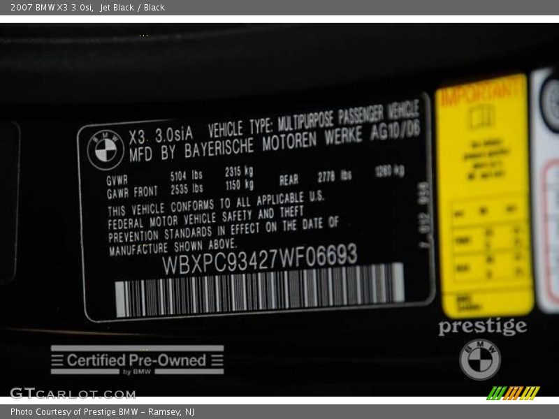 Jet Black / Black 2007 BMW X3 3.0si