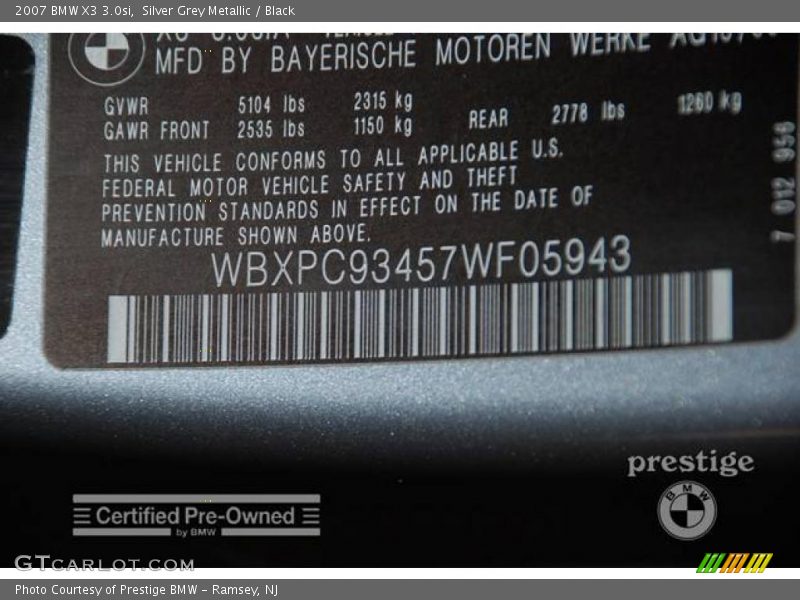 Silver Grey Metallic / Black 2007 BMW X3 3.0si