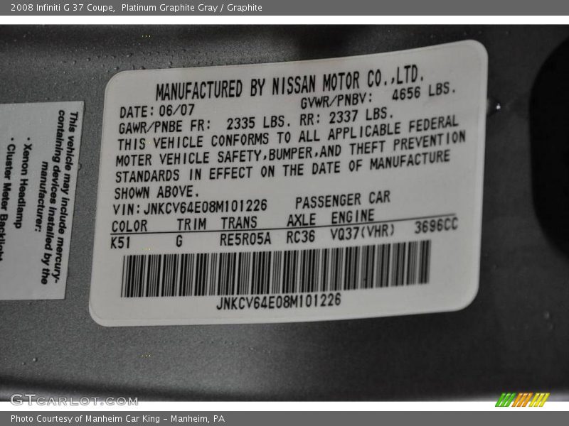 Platinum Graphite Gray / Graphite 2008 Infiniti G 37 Coupe