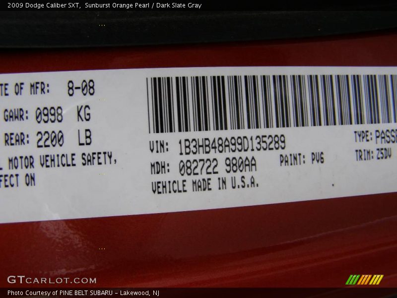 Sunburst Orange Pearl / Dark Slate Gray 2009 Dodge Caliber SXT