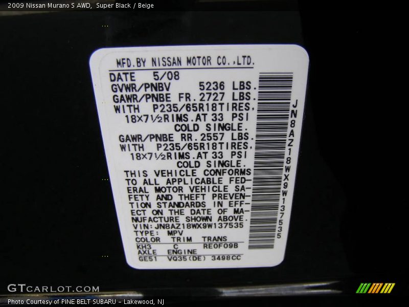 Super Black / Beige 2009 Nissan Murano S AWD