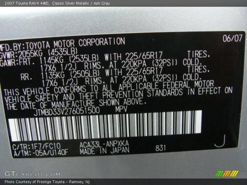 Classic Silver Metallic / Ash Gray 2007 Toyota RAV4 4WD