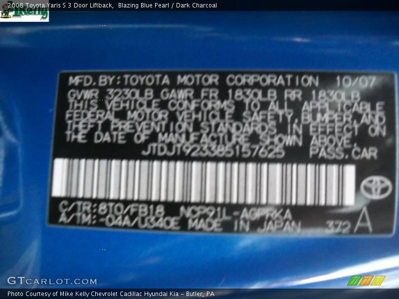 Blazing Blue Pearl / Dark Charcoal 2008 Toyota Yaris S 3 Door Liftback