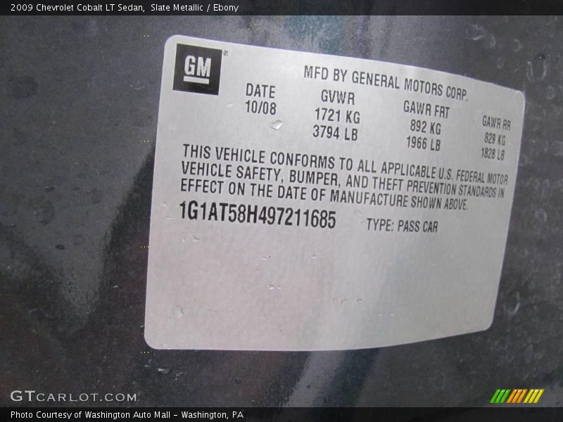 Slate Metallic / Ebony 2009 Chevrolet Cobalt LT Sedan