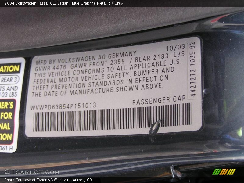 Blue Graphite Metallic / Grey 2004 Volkswagen Passat GLS Sedan
