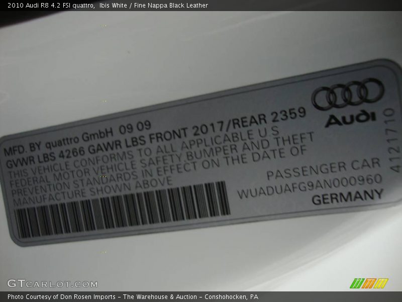 Ibis White / Fine Nappa Black Leather 2010 Audi R8 4.2 FSI quattro