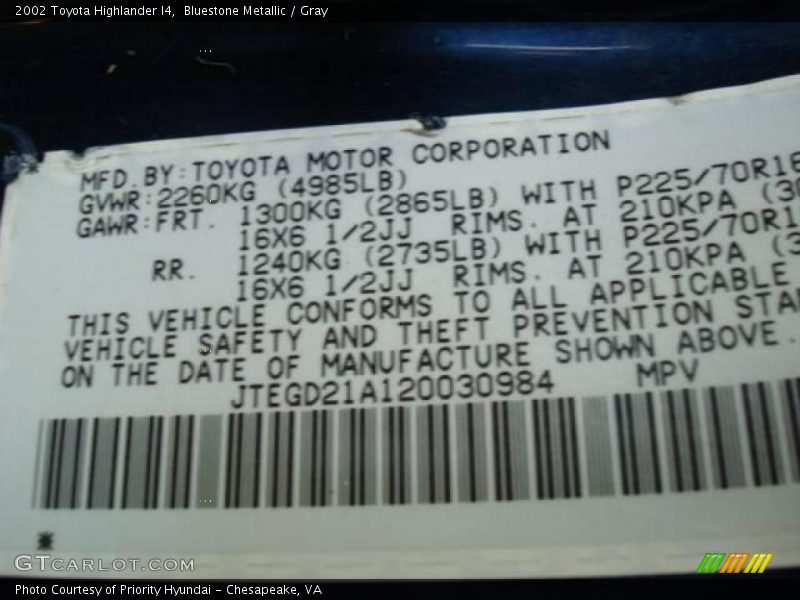 Bluestone Metallic / Gray 2002 Toyota Highlander I4