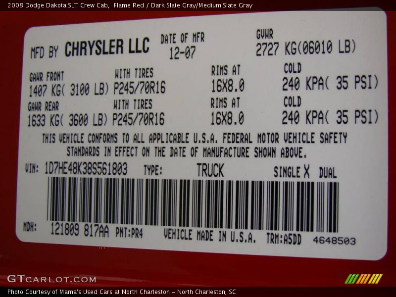 Flame Red / Dark Slate Gray/Medium Slate Gray 2008 Dodge Dakota SLT Crew Cab