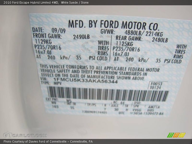White Suede / Stone 2010 Ford Escape Hybrid Limited 4WD