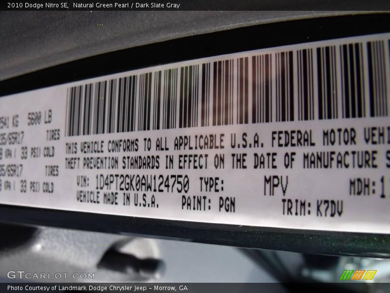 Natural Green Pearl / Dark Slate Gray 2010 Dodge Nitro SE