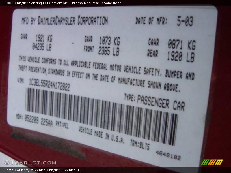 Inferno Red Pearl / Sandstone 2004 Chrysler Sebring LXi Convertible