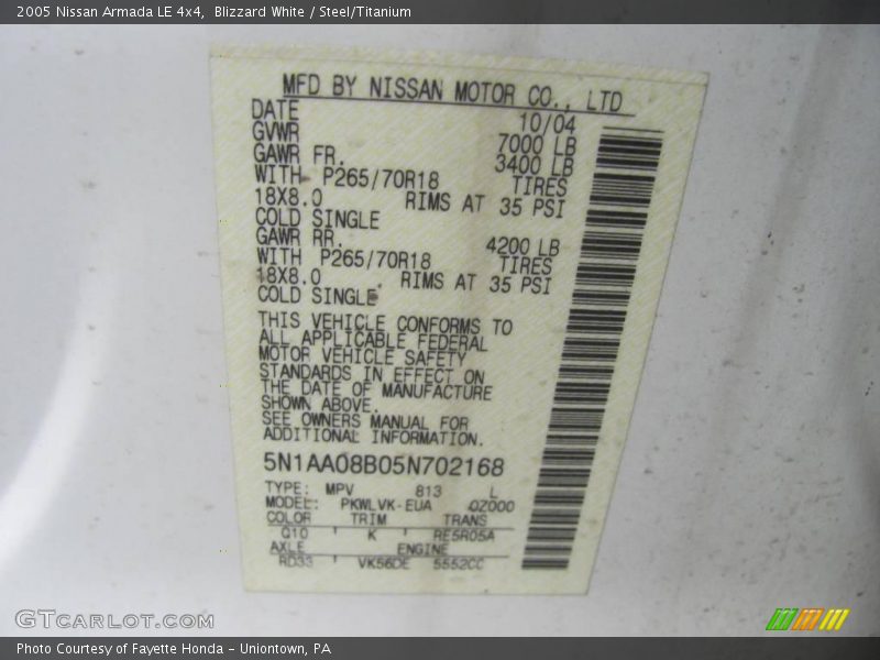 Blizzard White / Steel/Titanium 2005 Nissan Armada LE 4x4