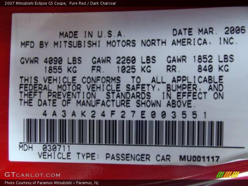 Pure Red / Dark Charcoal 2007 Mitsubishi Eclipse GS Coupe