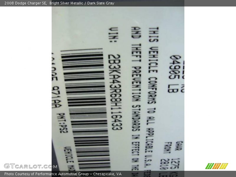 Bright Silver Metallic / Dark Slate Gray 2008 Dodge Charger SE
