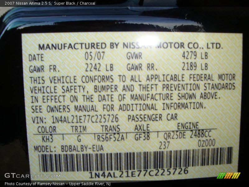 Super Black / Charcoal 2007 Nissan Altima 2.5 S