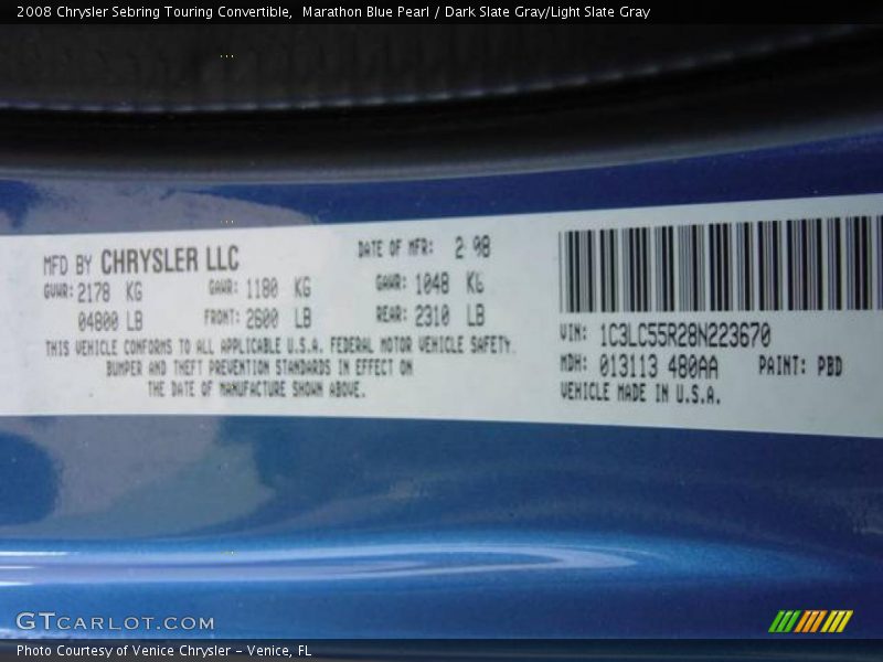 Marathon Blue Pearl / Dark Slate Gray/Light Slate Gray 2008 Chrysler Sebring Touring Convertible