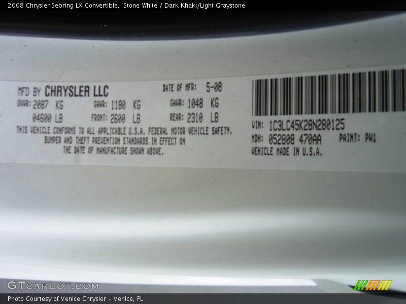 Stone White / Dark Khaki/Light Graystone 2008 Chrysler Sebring LX Convertible