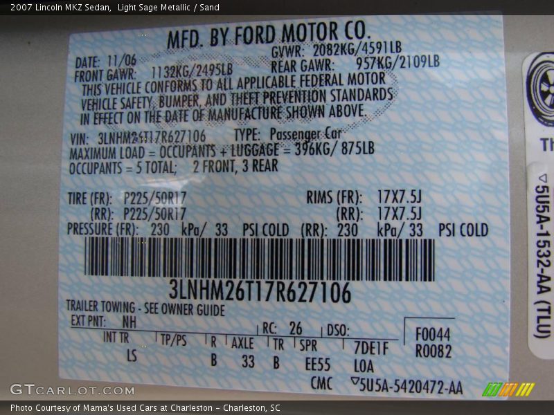 Light Sage Metallic / Sand 2007 Lincoln MKZ Sedan
