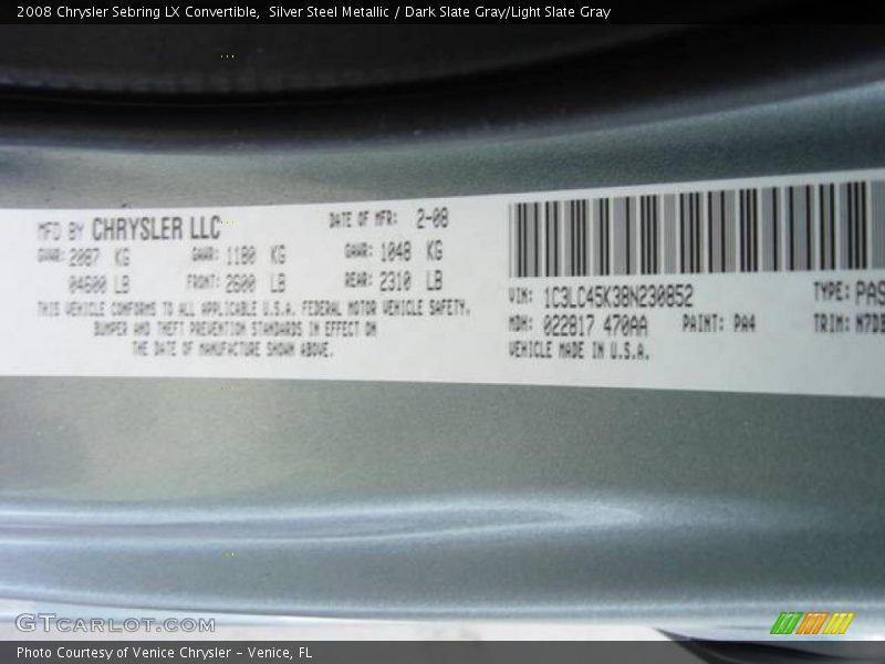 Silver Steel Metallic / Dark Slate Gray/Light Slate Gray 2008 Chrysler Sebring LX Convertible