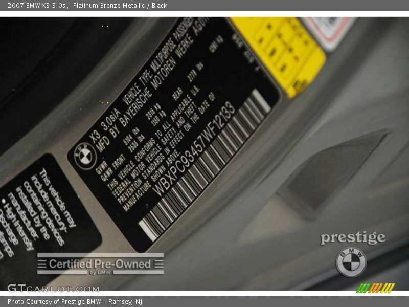 Platinum Bronze Metallic / Black 2007 BMW X3 3.0si